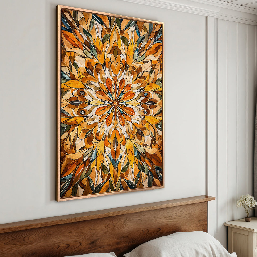 Framed Wall Art featuring a vibrant abstract floral design in warm orange, yellow, and brown tones. Perfect for adding a pop of color to any room.
