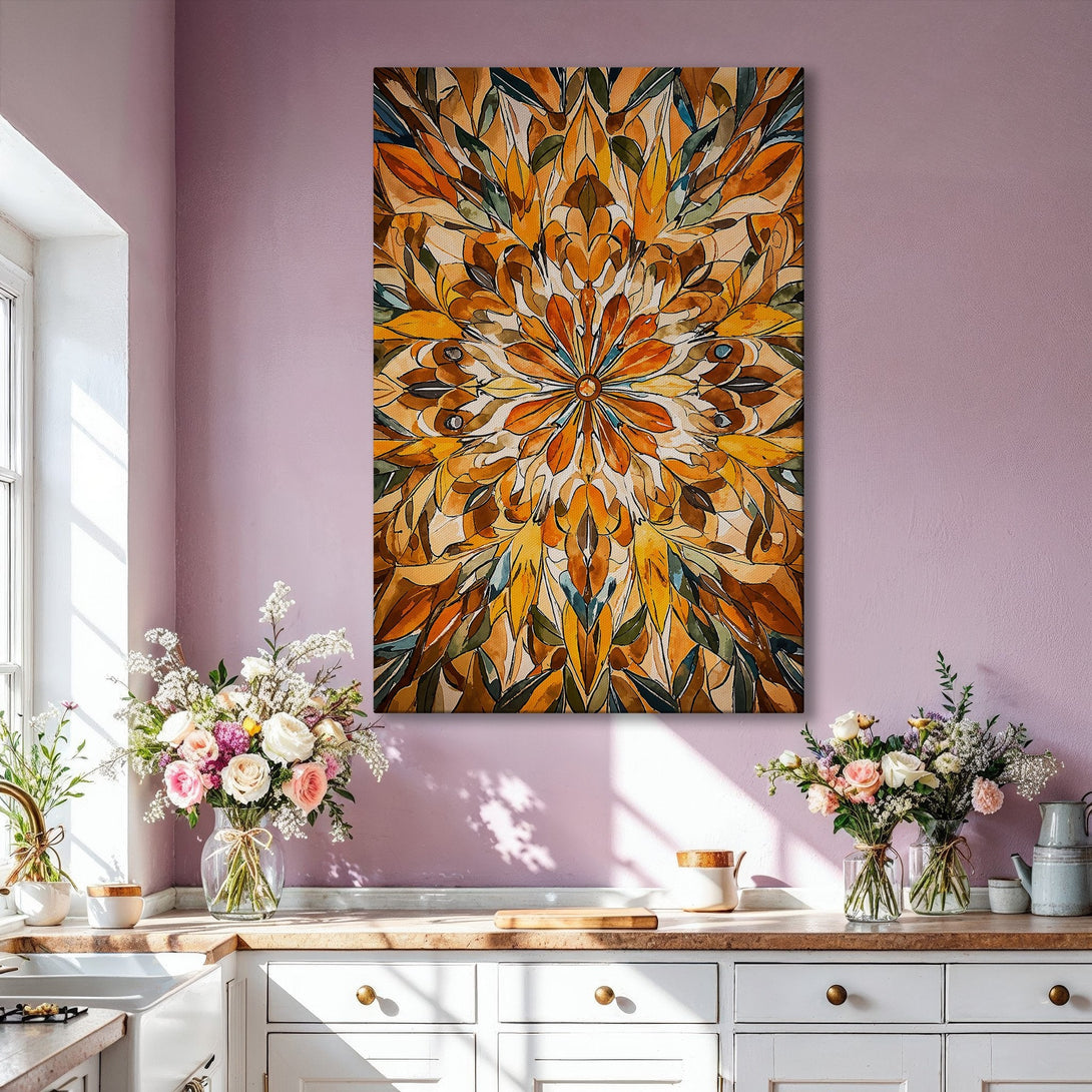 Framed Wall Art: Abstract floral design in warm yellow and orange tones. Modern art print adds a pop of color to any living room or bedroom.
