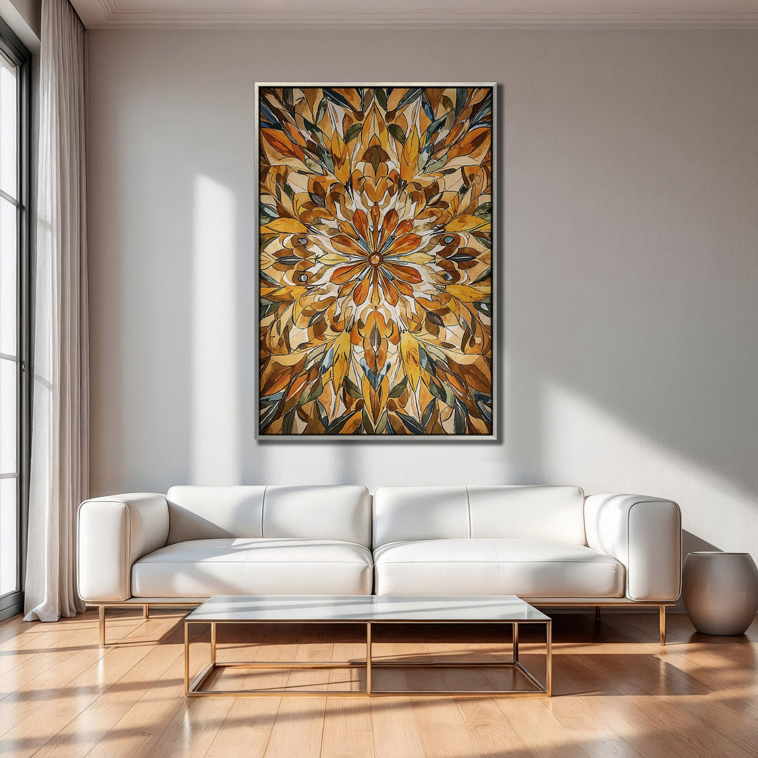 Framed Wall Art: Abstract floral design in warm yellow, orange, and brown tones. Modern living room decor with a stylish, colorful canvas print.