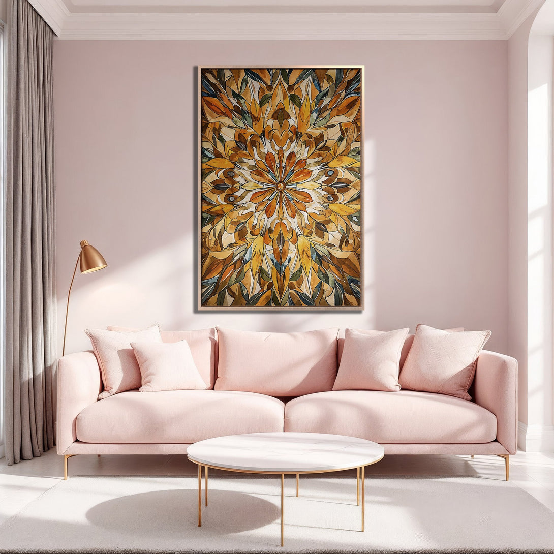Framed Wall Art featuring a floral watercolor design in warm yellow and brown tones, displayed in a modern living room with a pink sofa.