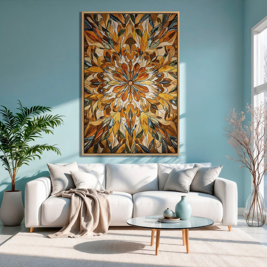Framed Wall Art featuring a botanical design in warm yellow and brown tones. Stylish living room decor with a modern, artistic Canvas Print.