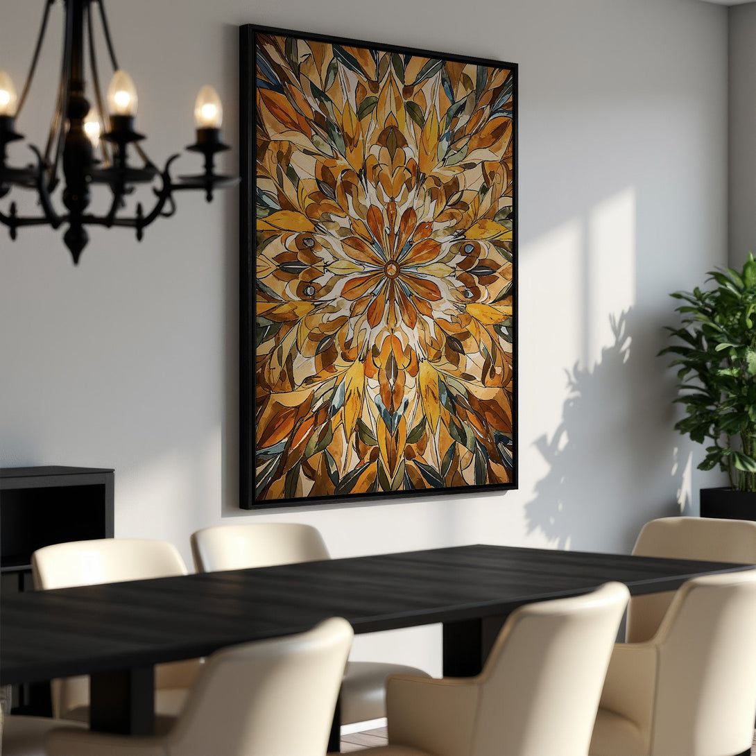 Framed Wall Art featuring an abstract floral design in warm yellow, orange, and green tones. Perfect for adding artistic flair to your dining room!