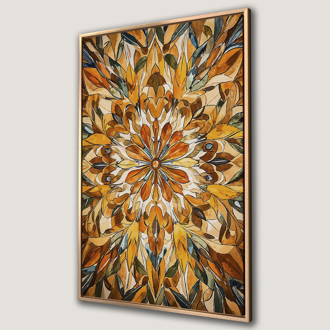 Framed Wall Art featuring a watercolor floral design in warm yellow, orange, and brown tones. Perfect for adding a touch of nature-inspired art to your home decor.