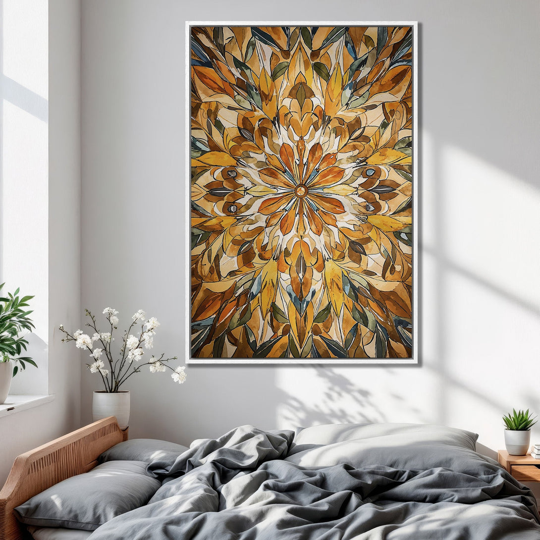 Framed Wall Art: Abstract floral design in warm yellow, brown, and green tones. Perfect for bedroom decor, adding a touch of nature and style.