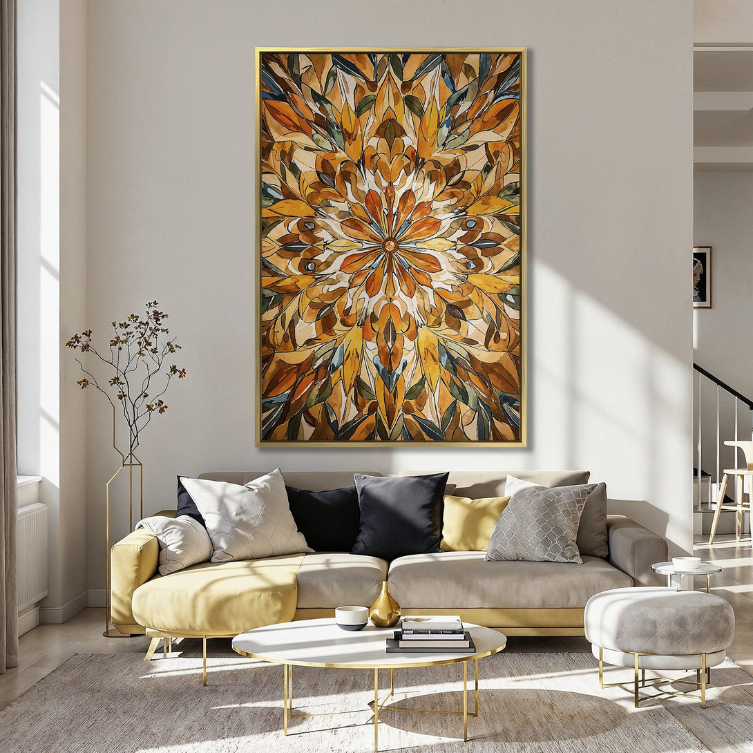 Canvas Print of a floral mandala in warm orange and brown tones. Modern art for your home, perfect for adding a pop of color!