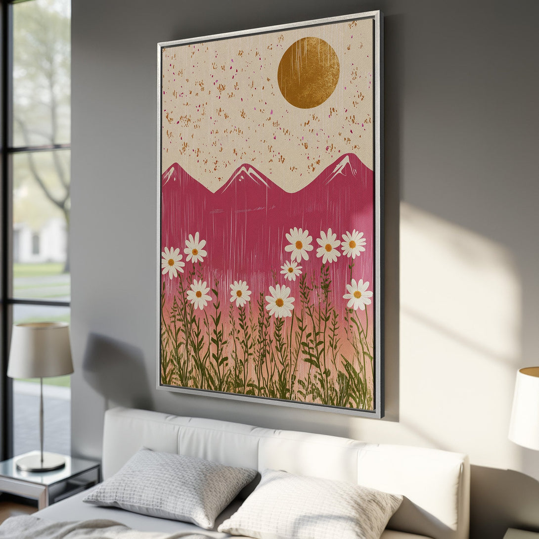 Framed Wall Art: Abstract daisy and mountain canvas print in pink, gold, and beige. Modern art for bedroom decor.