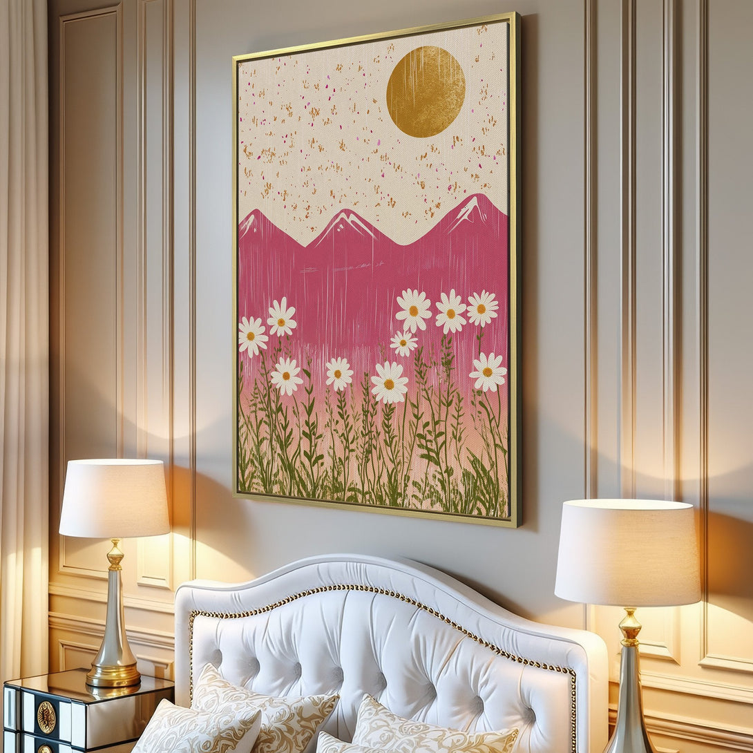 Canvas Print of a daisy meadow with pink mountains and a golden sun. Modern, whimsical art in a soft, warm color palette.