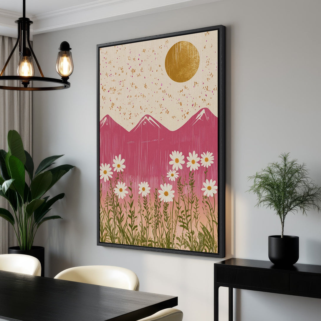 Framed Wall Art: Boho floral print with pink mountains, gold sun, and daisies. Stylish wall decor in a warm, inviting color palette for your home.
