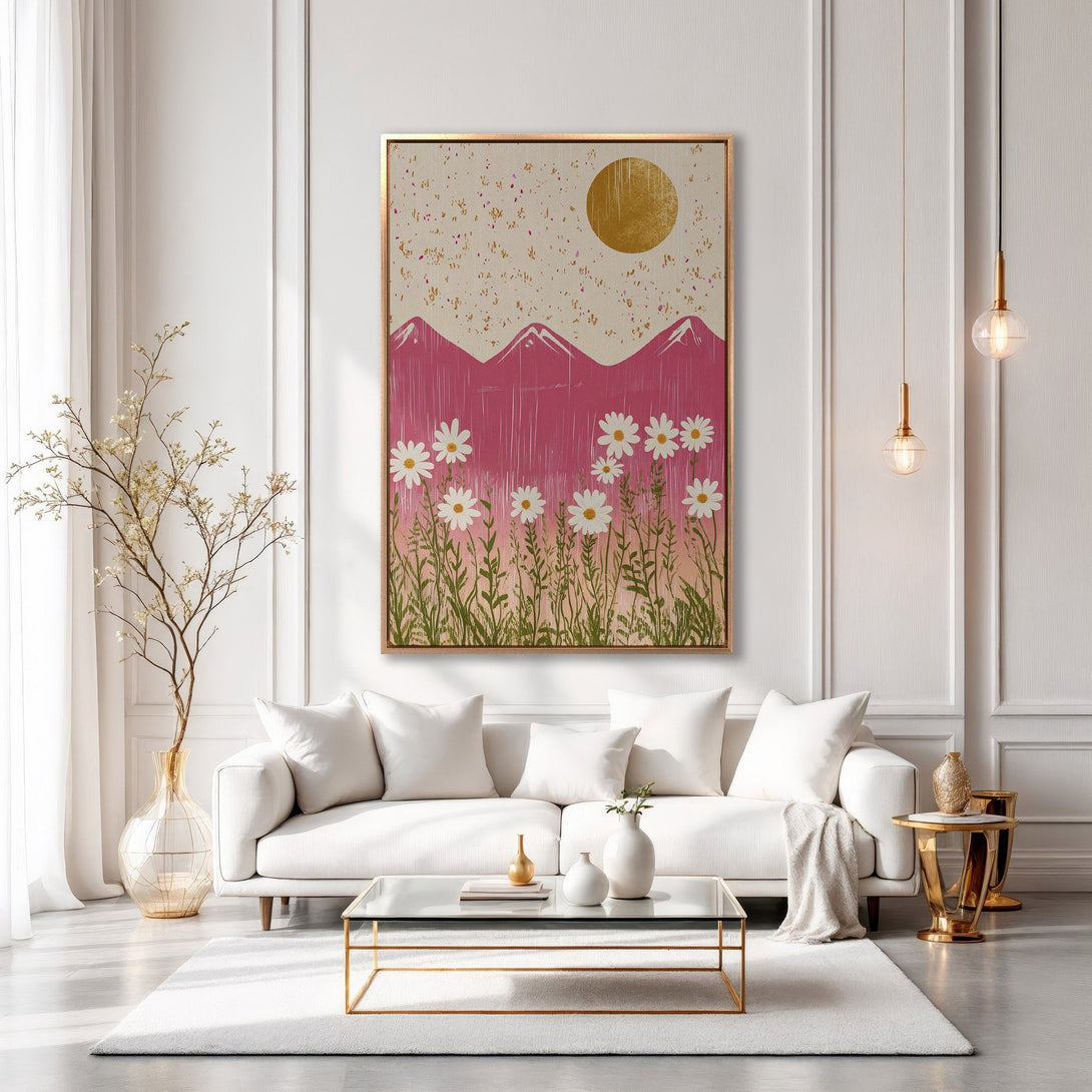 Framed Wall Art featuring a modern floral landscape in pink and gold tones, displayed in a stylish living room setting. Enhance your decor!