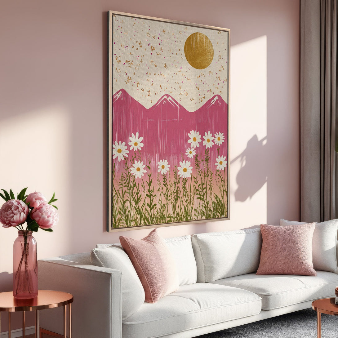 Framed Wall Art: Abstract floral art print in pink and gold. Modern canvas art for living room decor. Adds a touch of elegance and color.