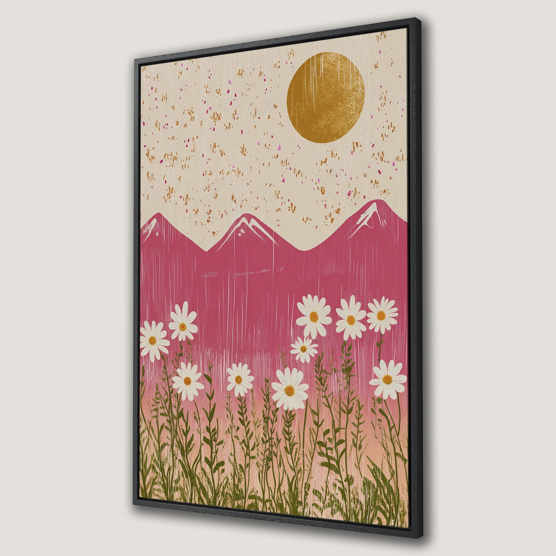 Framed Wall Art featuring a floral landscape with daisies, mountains, and a sun in a warm pink and gold color palette. Perfect for modern decor.