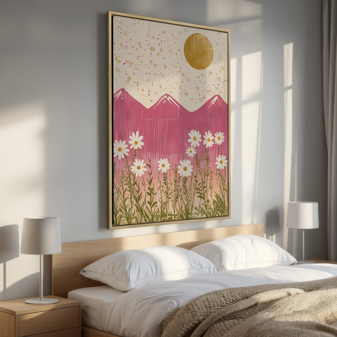 Framed Wall Art: Abstract floral landscape with pink mountains, daisies, and a golden sun. Modern art in a bedroom, featuring a warm, inviting color palette.