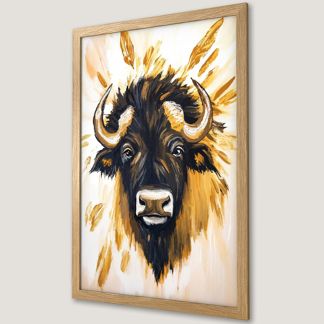 Framed Poster featuring a bold bison portrait in an expressive, brushstroke style with a warm, earthy color palette. Perfect wall art!