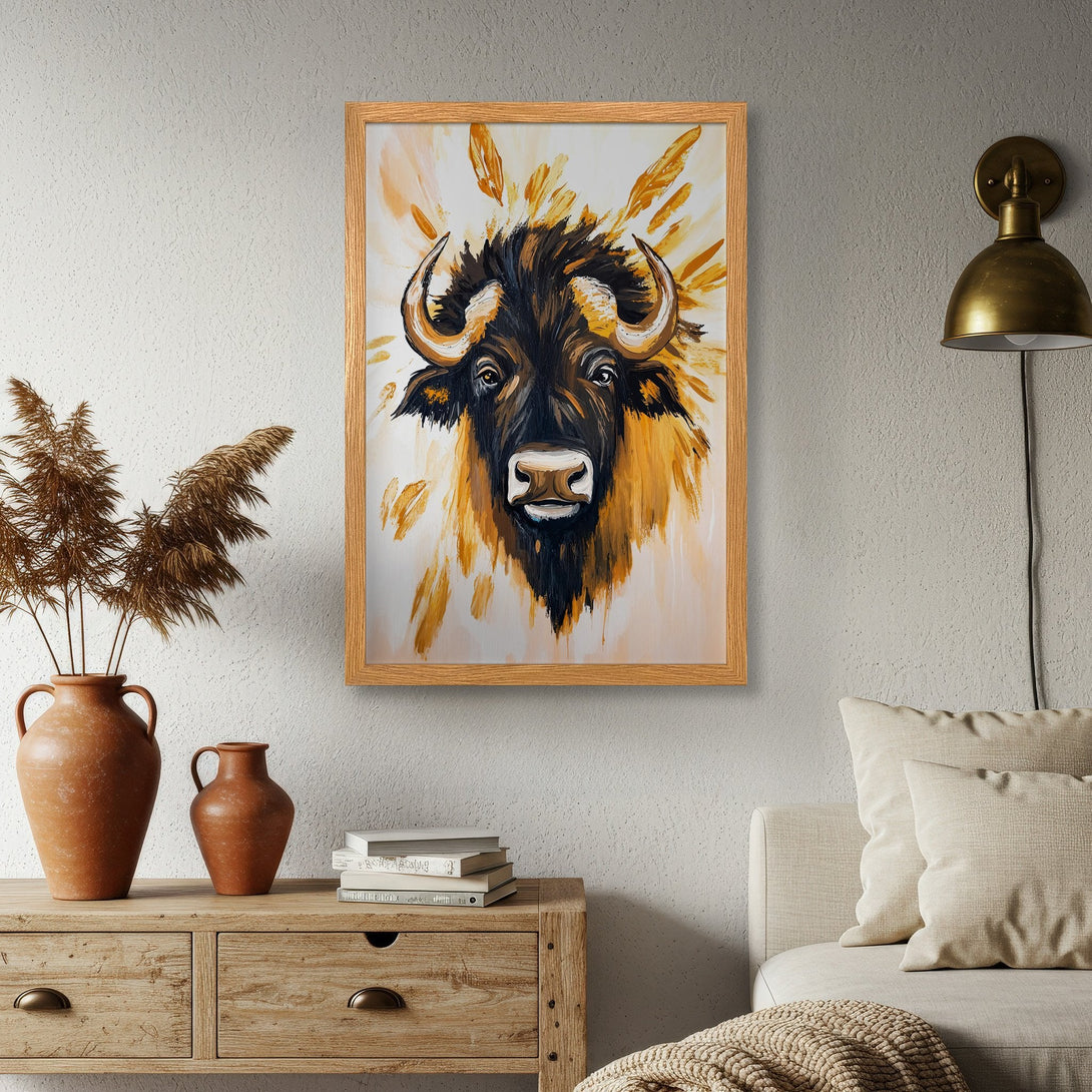 Framed Poster featuring a bold bison artwork. Rustic, abstract style with a warm, earthy color palette. Elevate your space with this stunning art print!