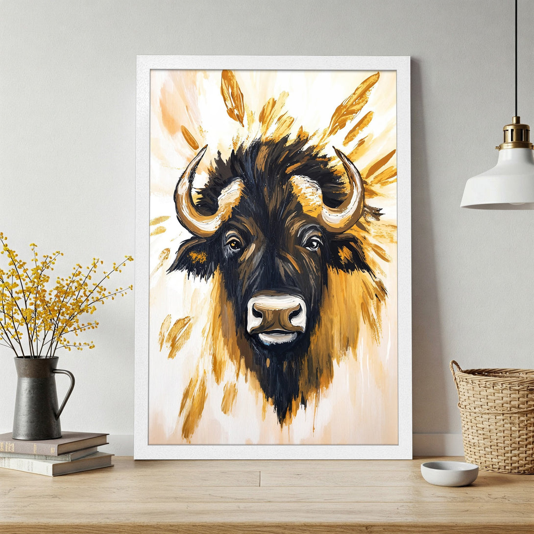 Framed Poster featuring a bold bison painting in a modern, abstract style. Warm gold and black color palette. Perfect wall art!