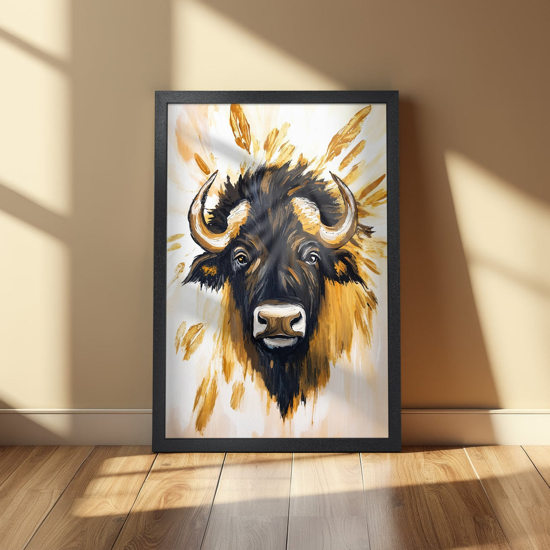 Framed Poster featuring a striking buffalo artwork in black, gold, and white. Add a touch of modern art to your space!