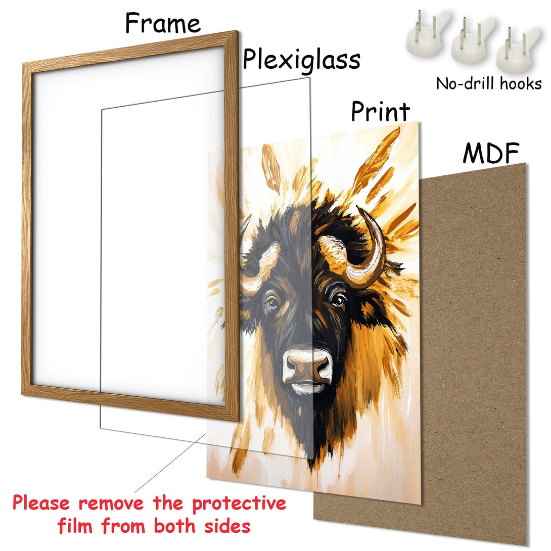 Framed Poster featuring a bison in a modern art style. Earthy tones of brown, gold, and black. Add this stunning art to your home!