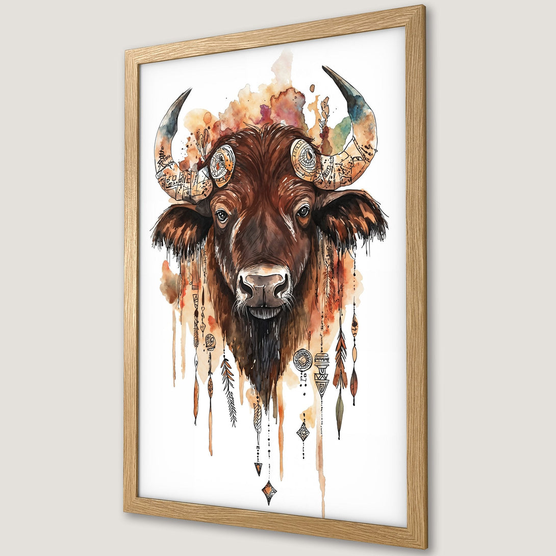 Framed Poster featuring a watercolor bison illustration. Earthy tones of brown, orange, and beige create a rustic, bohemian style.