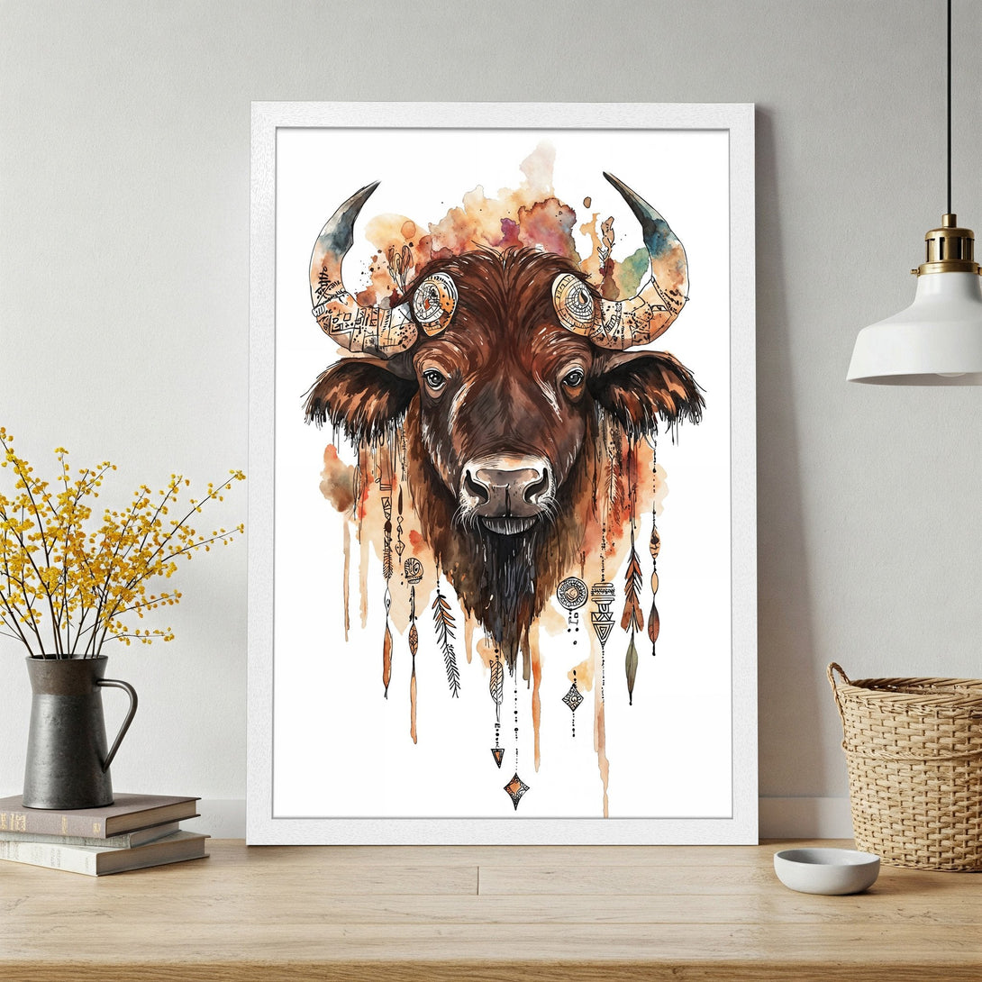 Framed Poster featuring a watercolor bison illustration in warm brown and orange tones, perfect for boho decor.