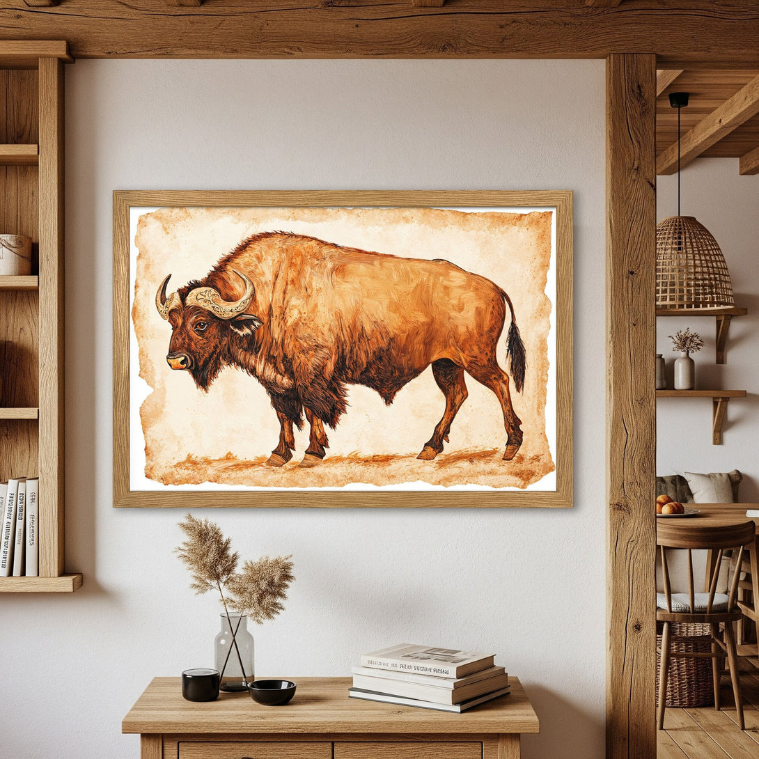 Framed Poster featuring a watercolor-style bison illustration in warm brown tones. Rustic art for your home!