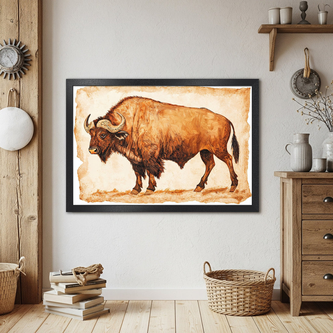 Framed Poster of a bison in warm earth tones. Rustic style art print for home decor.