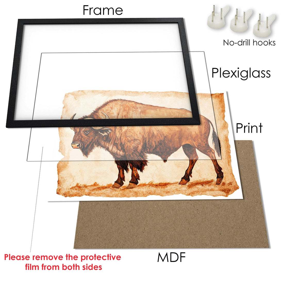 Framed Poster of a bison in a vintage style, warm brown and beige color palette. Add rustic charm to your space!