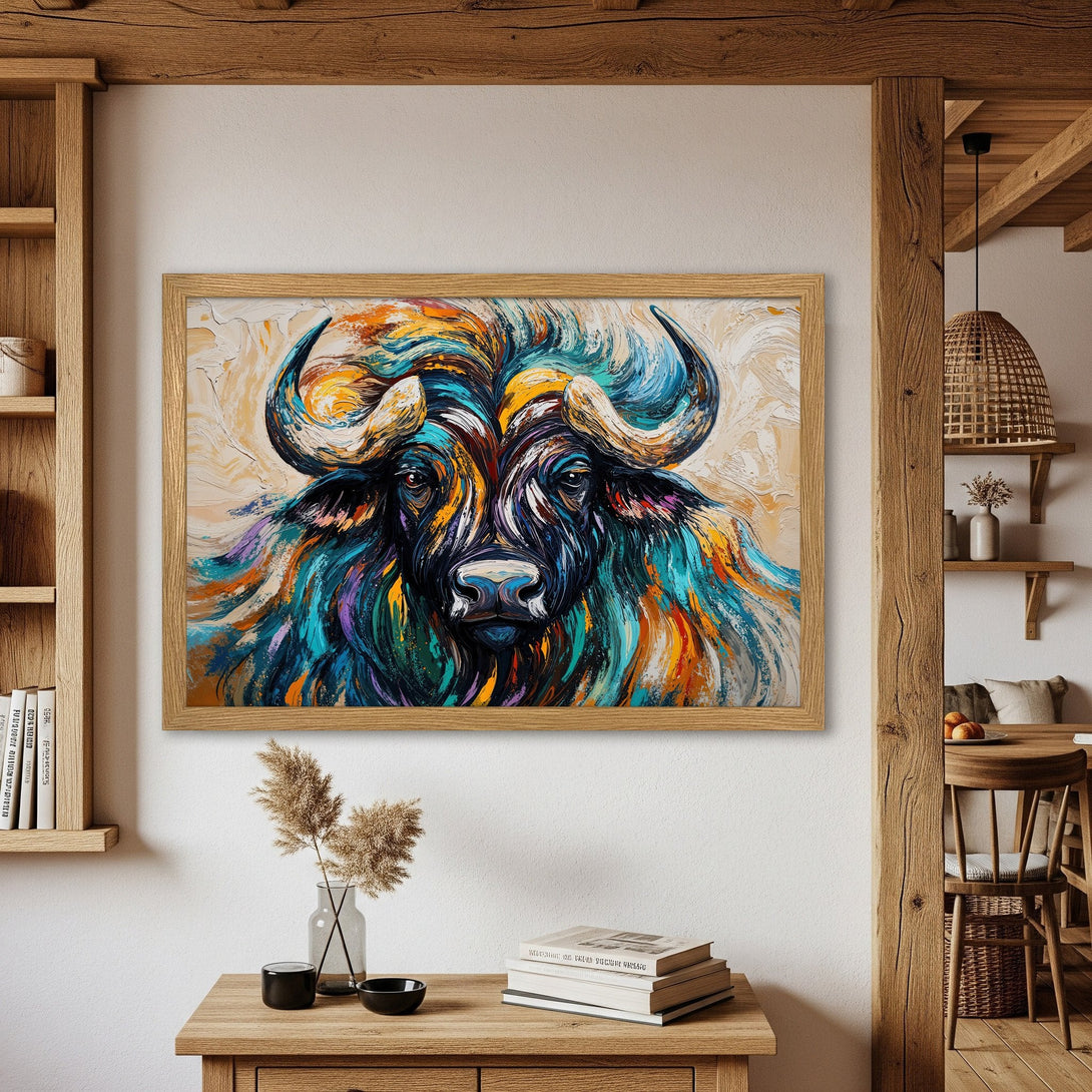Framed Poster of a vibrant buffalo painting in a colorful, expressive style. Features a bold palette of blues, oranges, and yellows.