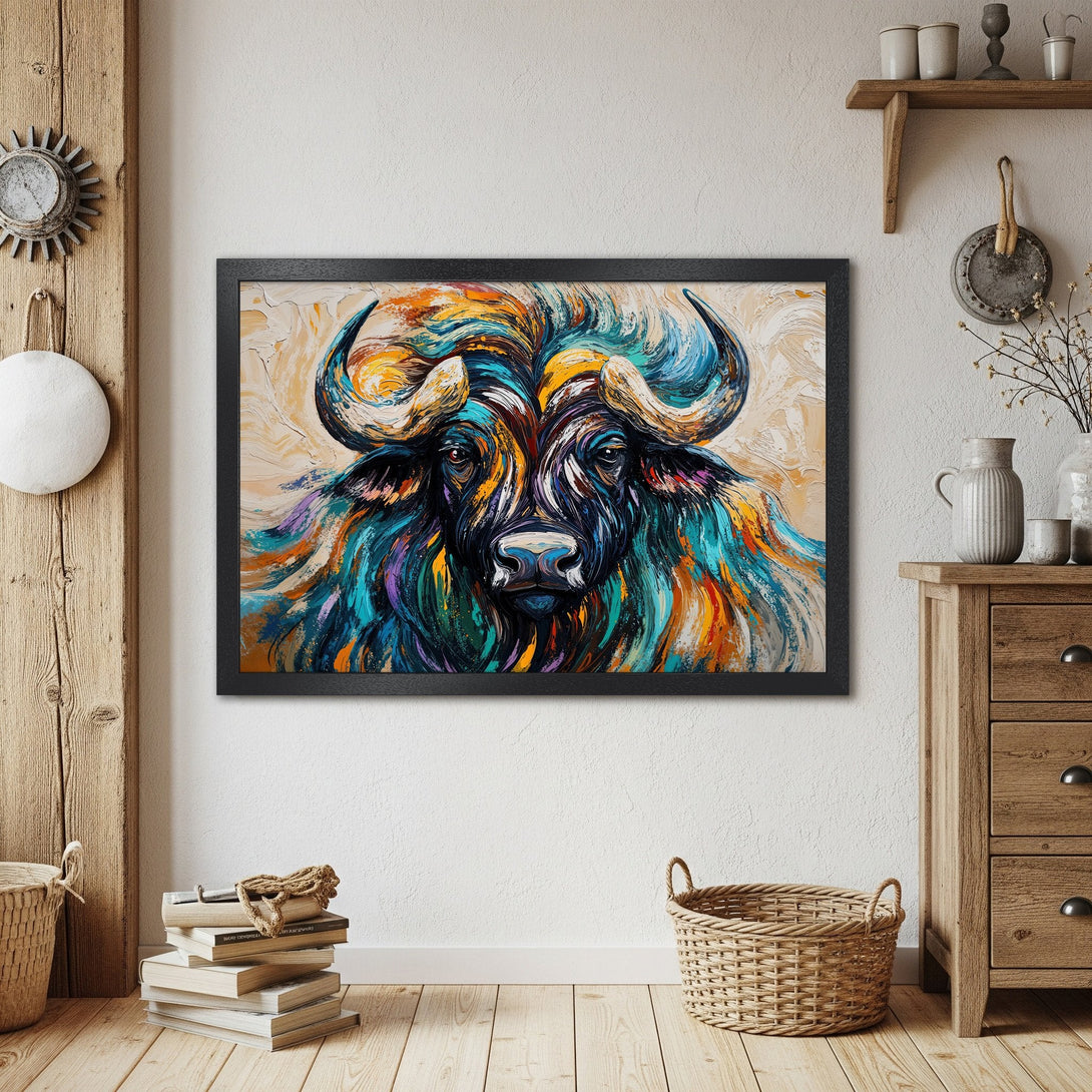 Framed Poster featuring a vibrant buffalo painting in a modern, colorful style. Perfect wall art for your home decor.
