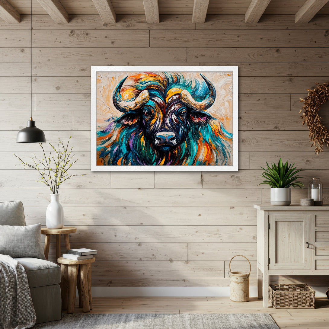 Framed Poster of colorful buffalo art. Modern style with a vibrant, multi-color palette. Perfect wall decor!