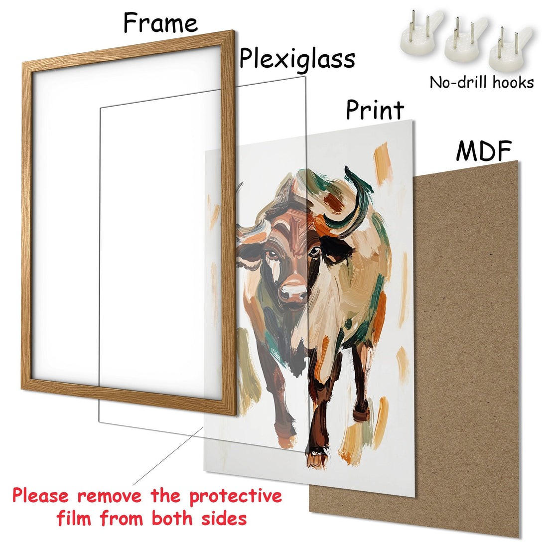 Framed Poster of a bull in an expressive, painterly style with a warm, earthy color palette. Perfect wall art!