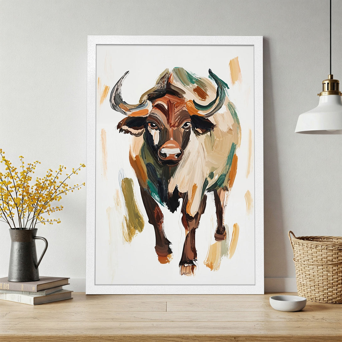 Framed Poster featuring an abstract painting of a bull. Earthy color palette with brushstroke style, perfect for modern home decor.