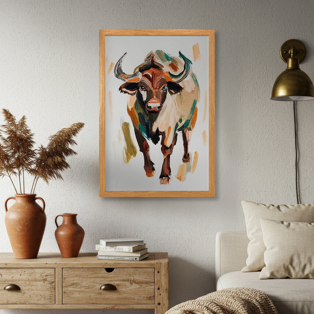 Framed Poster of a bull in abstract style, featuring earthy tones. Perfect for adding a touch of nature-inspired art to your home!