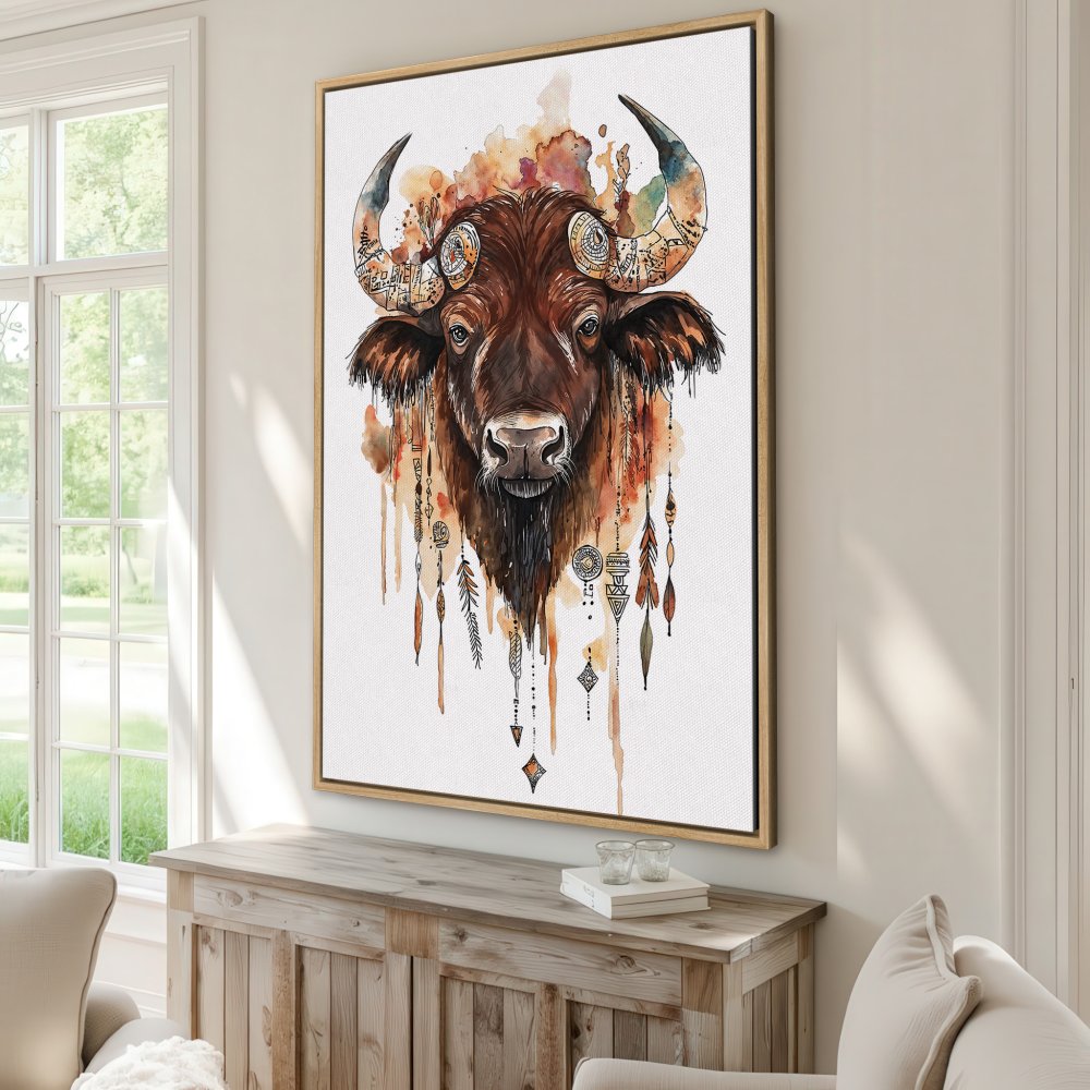 Framed Wall Art: Watercolor bison print in warm earth tones. Boho-chic style canvas print perfect for living room or bedroom decor.