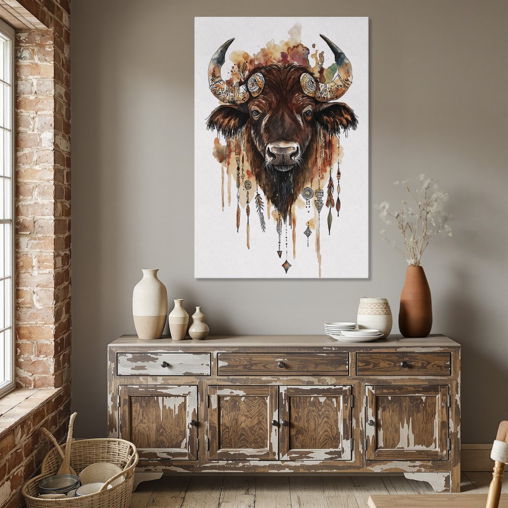 Framed Wall Art featuring a watercolor bison. Earth-toned palette adds rustic charm to any space. Shop our Canvas Print collection today!