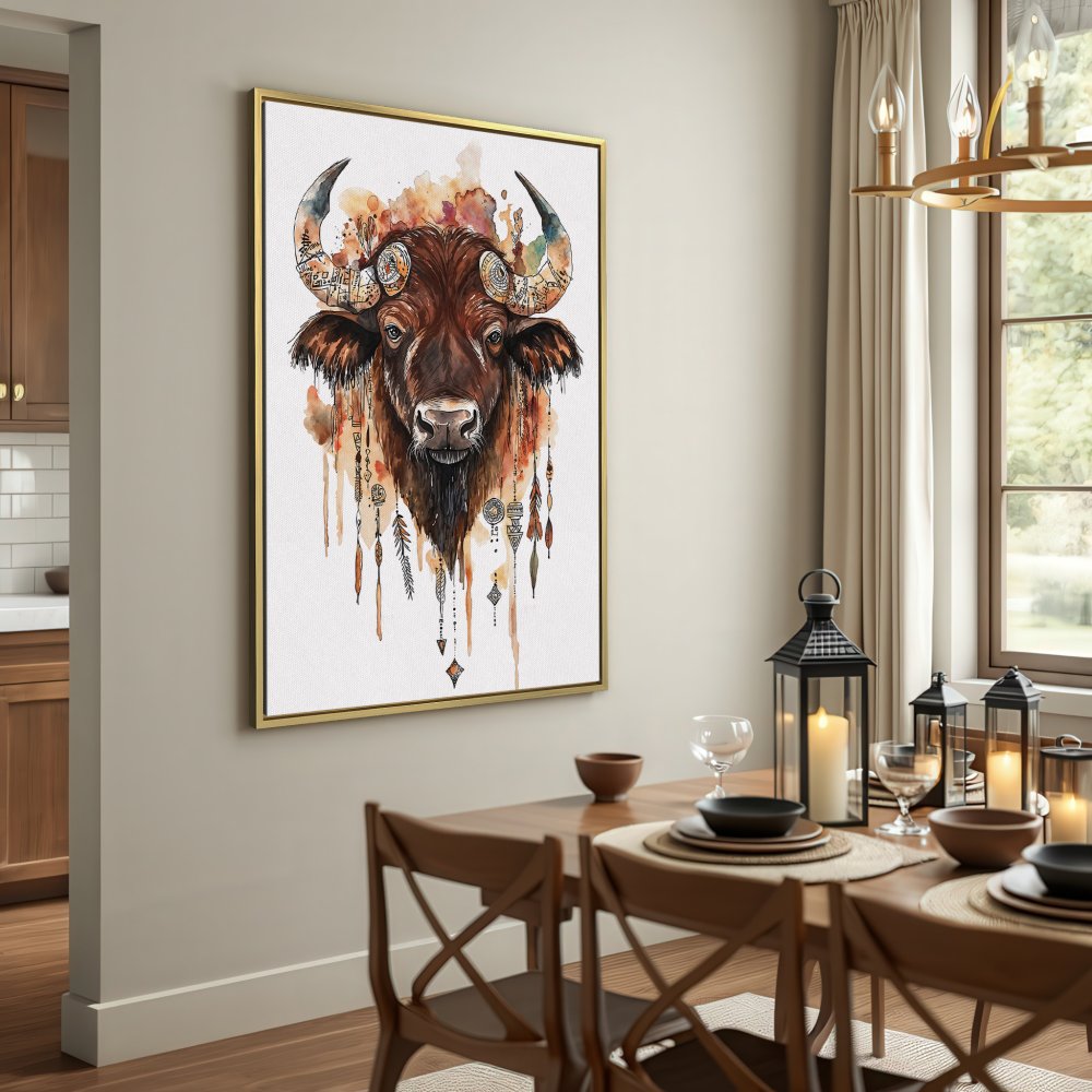 Canvas Print: Watercolor bison art in warm earth tones. Boho style wall decor for living room or bedroom.