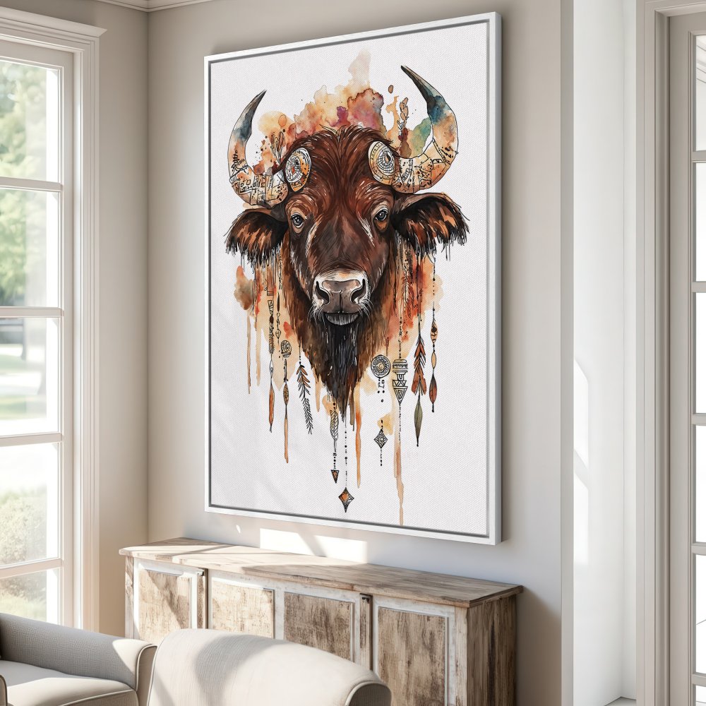Framed Wall Art: Watercolor bison print in warm earth tones. Boho-chic style canvas art for living room or bedroom decor.