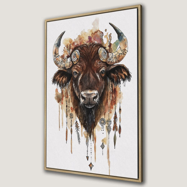 Framed Wall Art: Watercolor bison portrait in earthy tones. Boho style canvas print for rustic home decor. Add a touch of the wild!