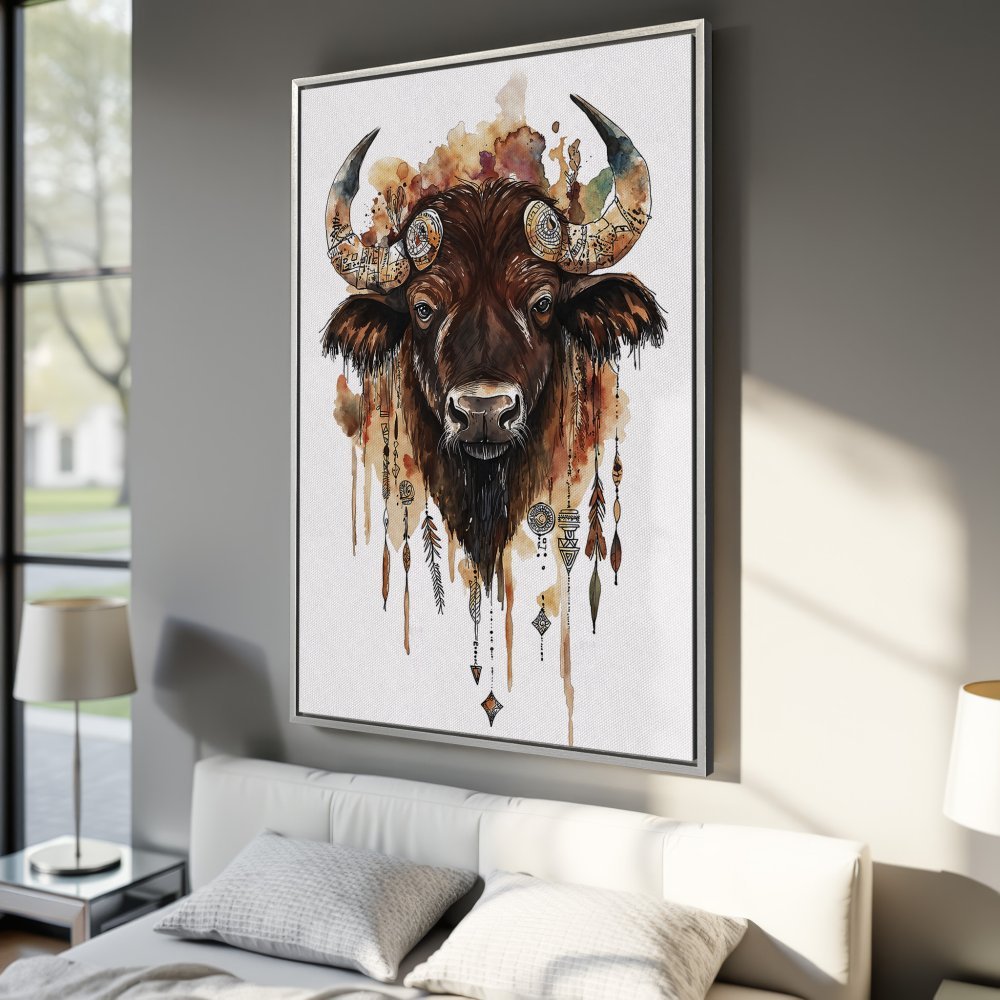 Framed Wall Art: Watercolor bison portrait in warm brown tones. Add a touch of boho style to your home with this stunning Canvas Print!
