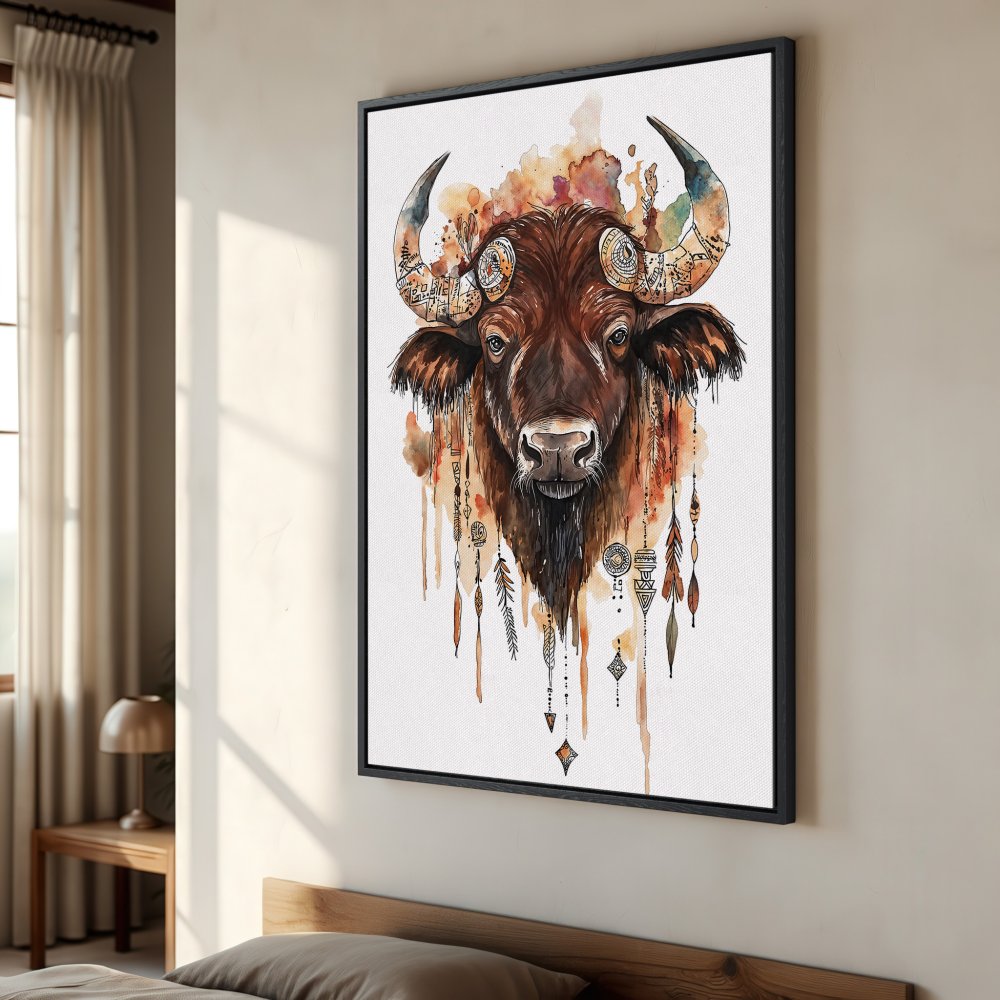 Framed Wall Art: Watercolor bison portrait in warm brown and orange tones. Boho style canvas print for living room or bedroom decor.