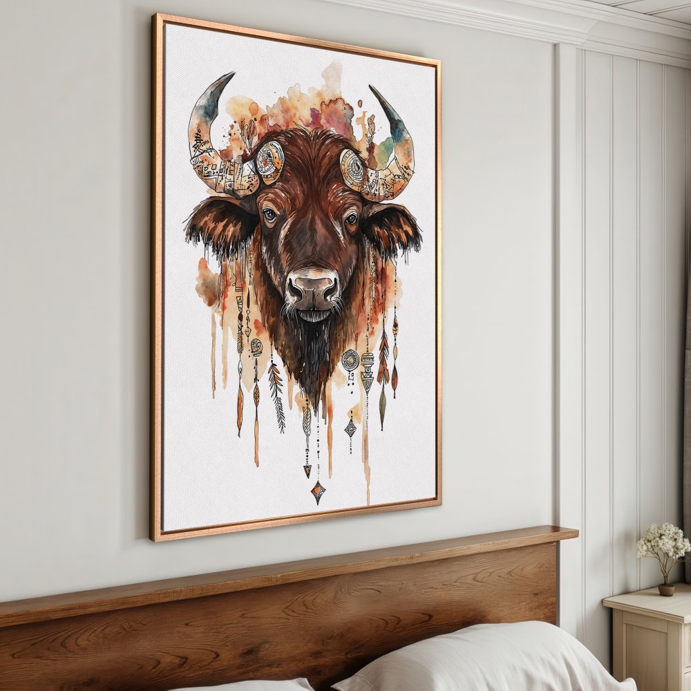 Framed Wall Art: Watercolor bison portrait in warm brown tones. Boho style Canvas Print adds rustic charm to your home decor.