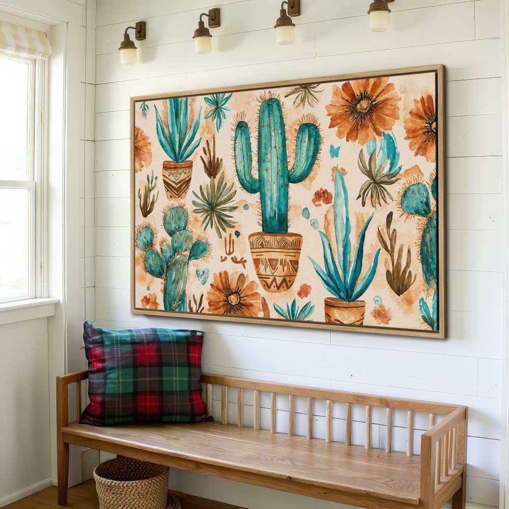 Framed Wall Art featuring watercolor cacti and flowers in teal & orange. Perfect for adding a touch of desert charm to your home decor!