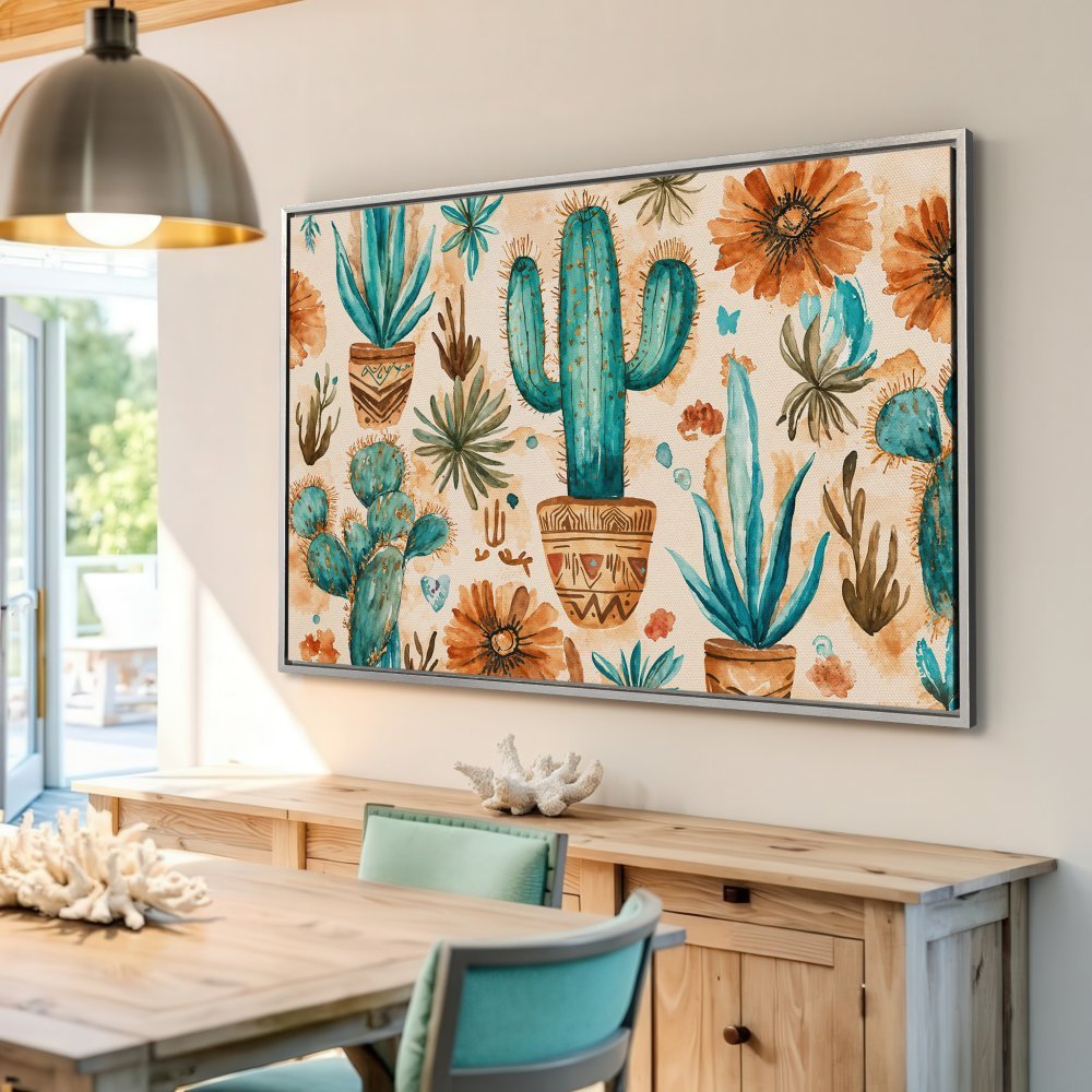 Framed Wall Art featuring watercolor cacti and flowers in turquoise and terracotta. Perfect for boho decor!