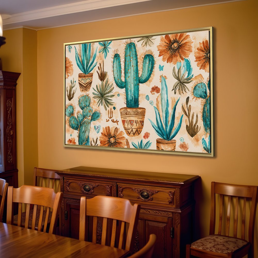 Watercolor Cactus Canvas Print in turquoise & brown, perfect for boho home decor.