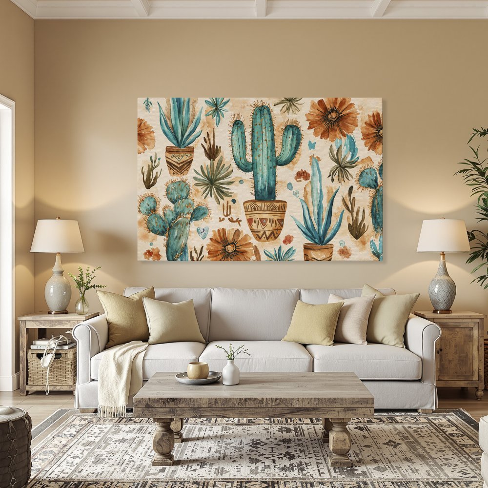 Framed Wall Art: Watercolor cactus print in teal and orange. Boho style canvas art for a warm, inviting interior. Shop now!