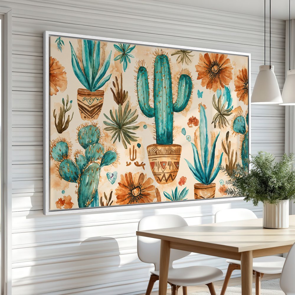 Framed Wall Art: Watercolor cactus print in teal and terracotta. Adds a touch of bohemian style to your dining room!
