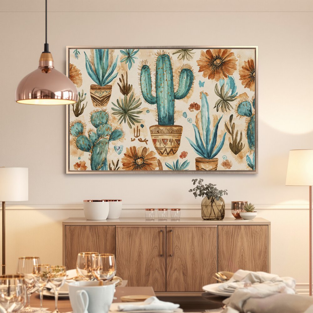 Boho Canvas Print featuring watercolor cacti and flowers in teal and brown tones. Perfect wall art for a desert-inspired home.