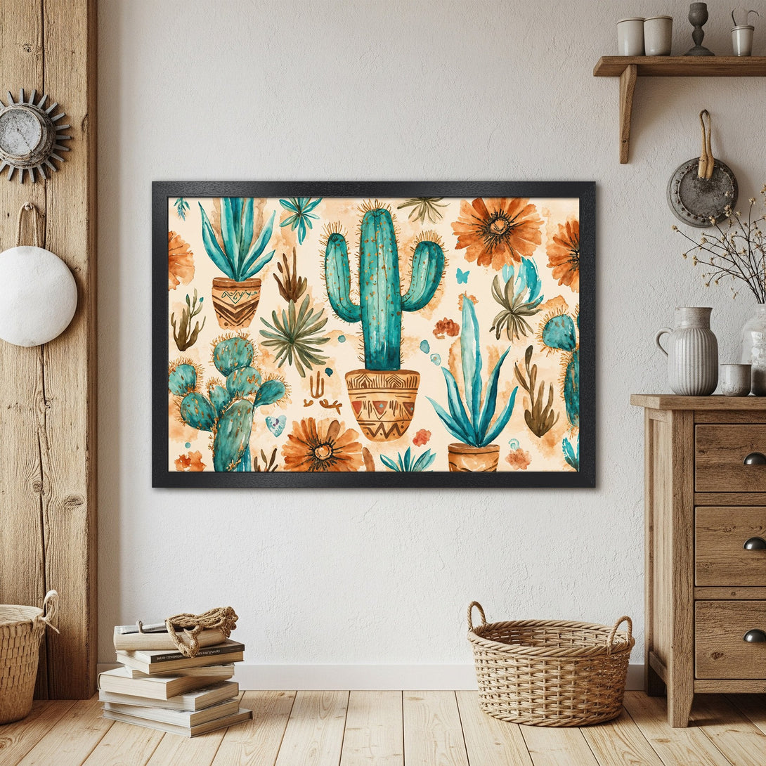 Framed Poster featuring watercolor cacti and flowers in turquoise and orange, perfect wall art.