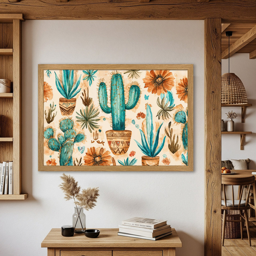Framed Poster featuring watercolor cacti and flowers in teal and orange, perfect for boho decor.