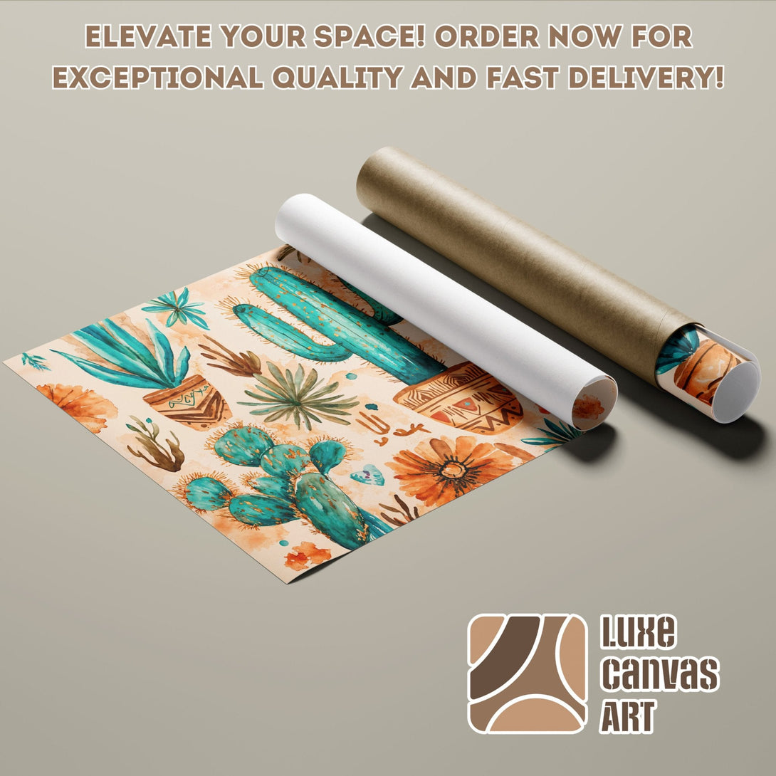 Watercolor Poster Roll featuring cacti and floral elements, warm earthy tones.