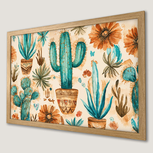 Framed Poster featuring watercolor cacti & flowers. Earthy tones of teal, orange, & beige. Perfect boho wall art for your home.